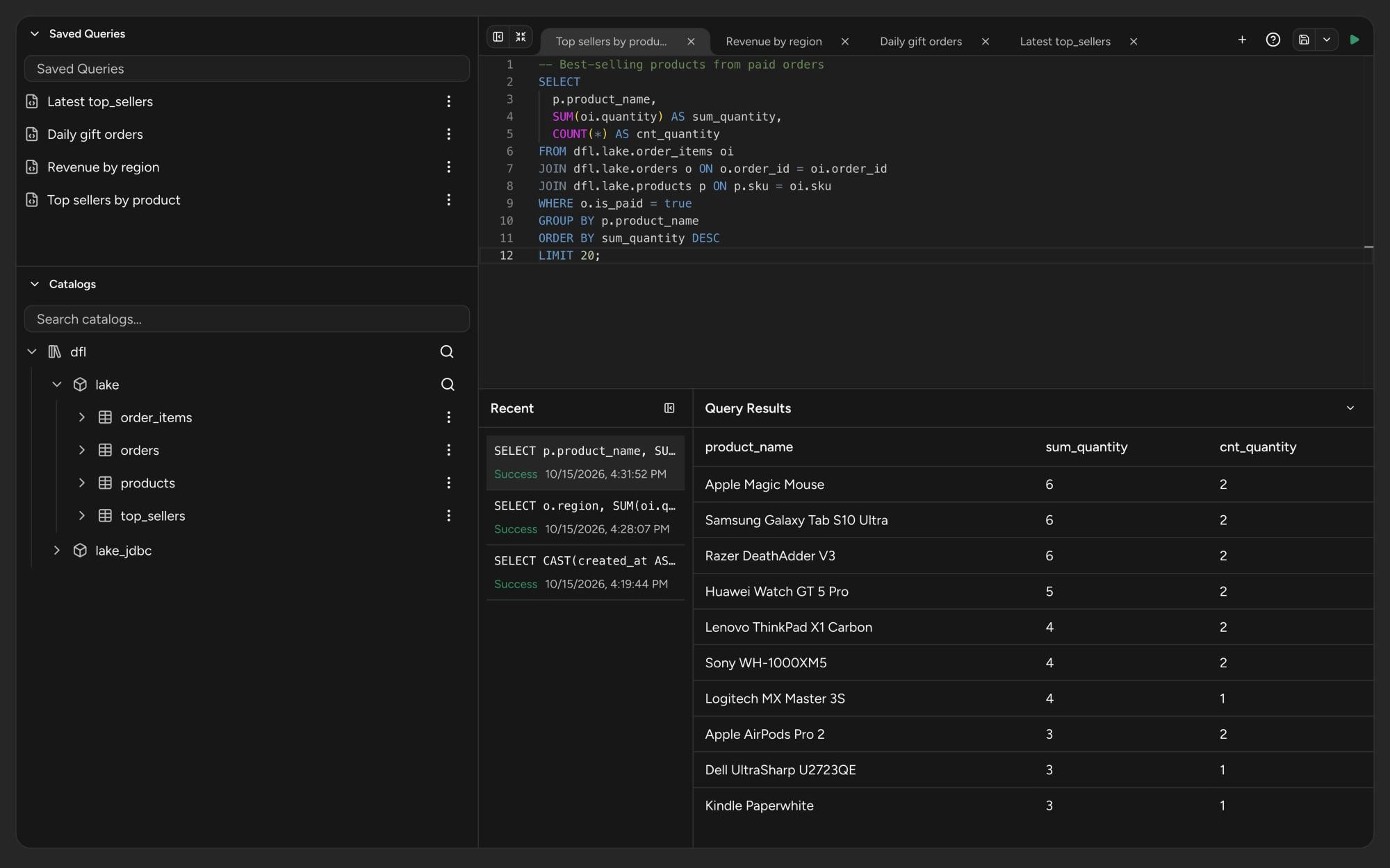 The SQL Queries editor in DataFloem: saved queries and the dfl.lake tables in the catalog tree on the left, the Top sellers by product query in the editor, and its results below, next to the recent runs.